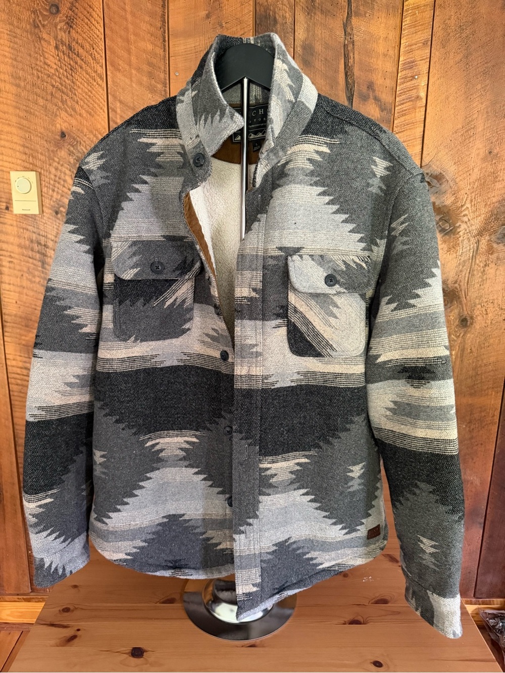Jachs New York Wool Blend Sherpa Lined Aztec Blanket Shirt Jacket Mens L Gray